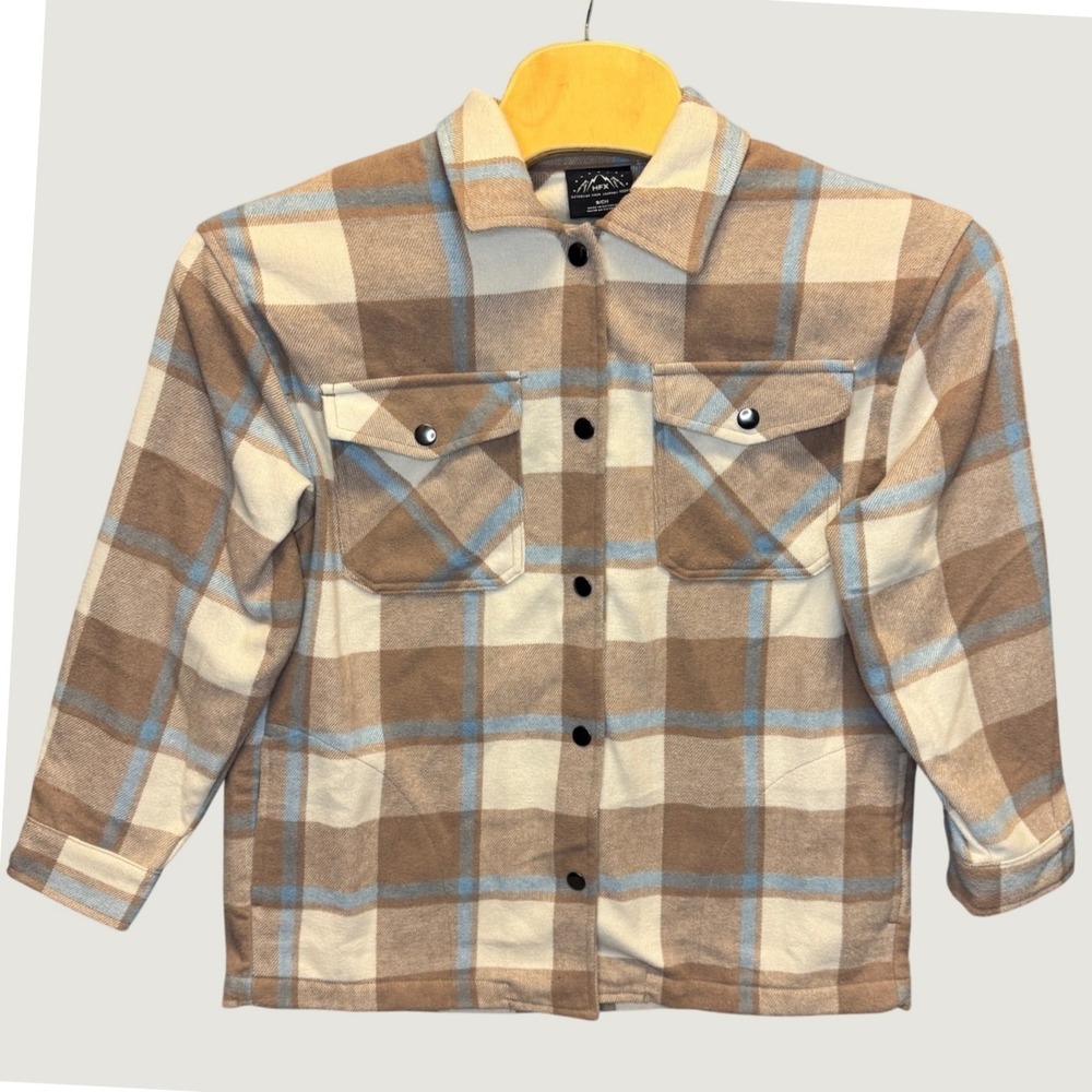 1919 | HFX Plaid Wool Blend Flannel Shacket Shirt Jacket Tan Blue Small‎